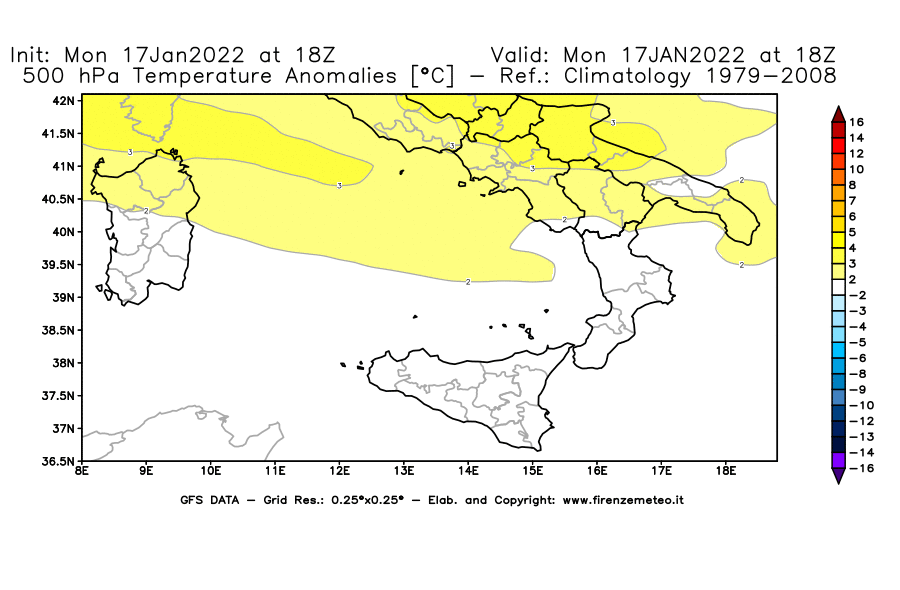 Mappa di analisi GFS - Anomalia Temperatura [°C] a 500 hPa in Sud-Italia
							del 17/01/2022 18 <!--googleoff: index-->UTC<!--googleon: index-->