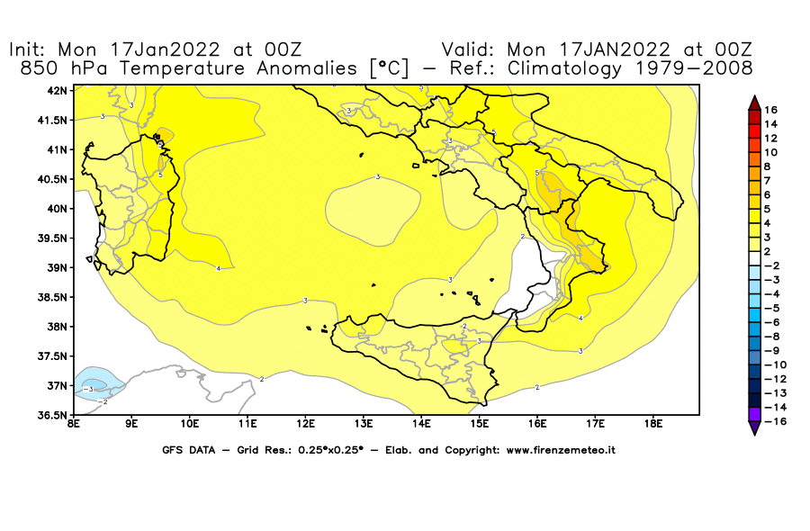 Mappa di analisi GFS - Anomalia Temperatura [°C] a 850 hPa in Sud-Italia
							del 17/01/2022 00 <!--googleoff: index-->UTC<!--googleon: index-->