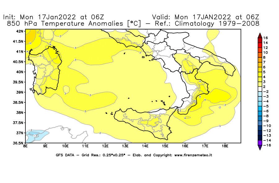 Mappa di analisi GFS - Anomalia Temperatura [°C] a 850 hPa in Sud-Italia
							del 17/01/2022 06 <!--googleoff: index-->UTC<!--googleon: index-->