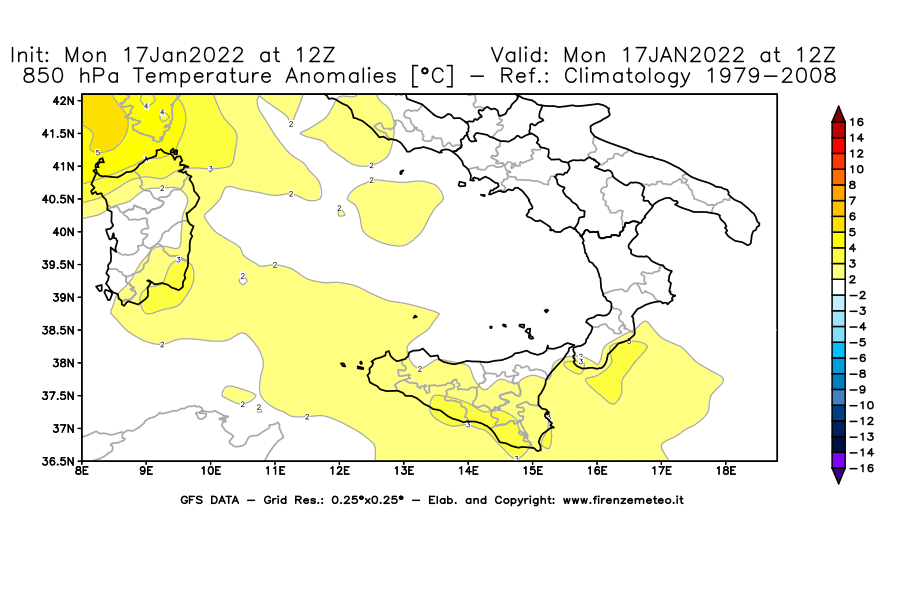Mappa di analisi GFS - Anomalia Temperatura [°C] a 850 hPa in Sud-Italia
							del 17/01/2022 12 <!--googleoff: index-->UTC<!--googleon: index-->
