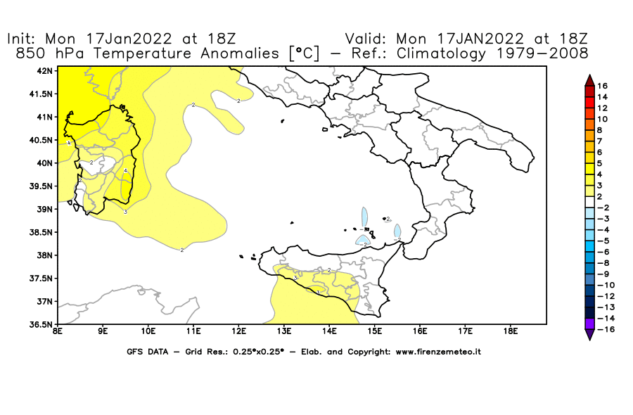 Mappa di analisi GFS - Anomalia Temperatura [°C] a 850 hPa in Sud-Italia
							del 17/01/2022 18 <!--googleoff: index-->UTC<!--googleon: index-->