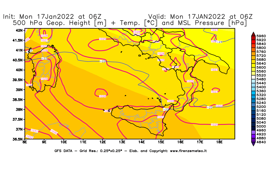 Mappa di analisi GFS - Geopotenziale [m] + Temp. [°C] a 500 hPa + Press. a livello del mare [hPa] in Sud-Italia
							del 17/01/2022 06 <!--googleoff: index-->UTC<!--googleon: index-->