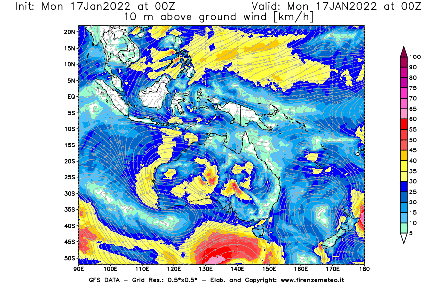 Mappa di analisi GFS - Velocità del vento a 10 metri dal suolo [km/h] in Oceania
							del 17/01/2022 00 <!--googleoff: index-->UTC<!--googleon: index-->