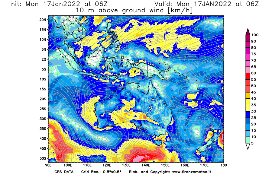Mappa di analisi GFS - Velocità del vento a 10 metri dal suolo [km/h] in Oceania
							del 17/01/2022 06 <!--googleoff: index-->UTC<!--googleon: index-->