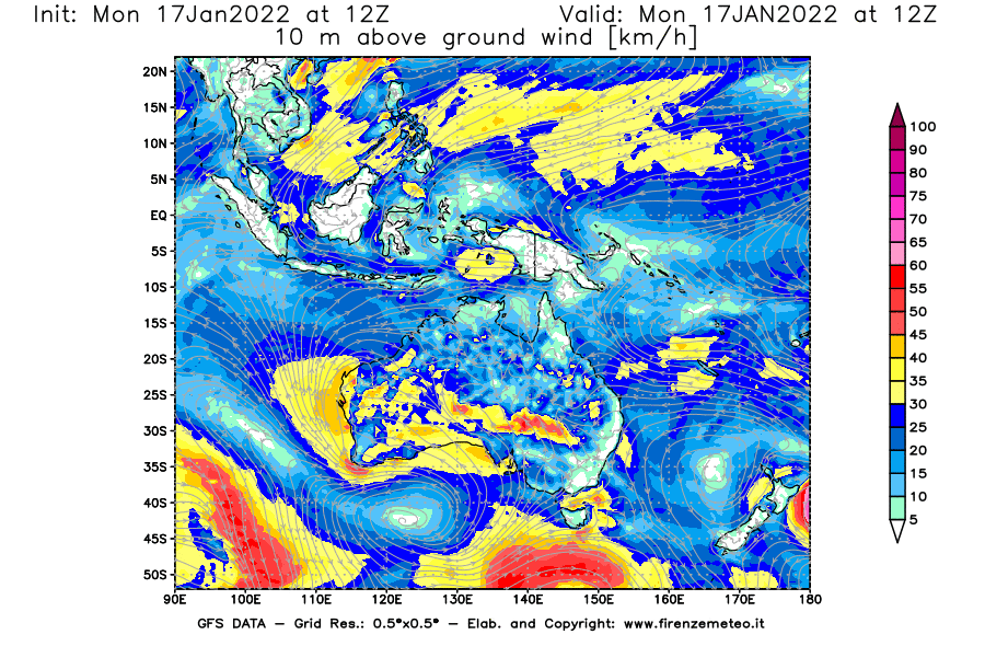 Mappa di analisi GFS - Velocità del vento a 10 metri dal suolo [km/h] in Oceania
							del 17/01/2022 12 <!--googleoff: index-->UTC<!--googleon: index-->