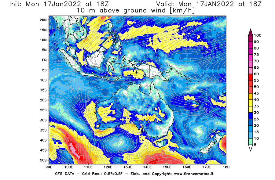 Mappa di analisi GFS - Velocità del vento a 10 metri dal suolo [km/h] in Oceania
							del 17/01/2022 18 <!--googleoff: index-->UTC<!--googleon: index-->