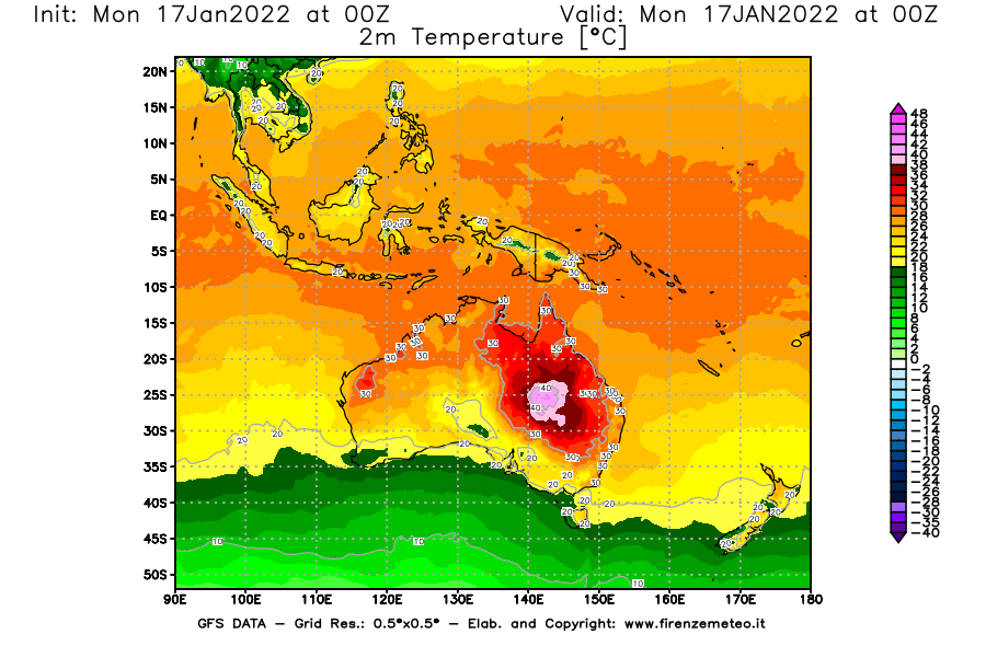 Mappa di analisi GFS - Temperatura a 2 metri dal suolo [°C] in Oceania
							del 17/01/2022 00 <!--googleoff: index-->UTC<!--googleon: index-->
