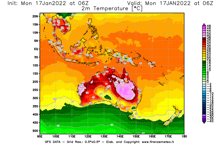Mappa di analisi GFS - Temperatura a 2 metri dal suolo [°C] in Oceania
							del 17/01/2022 06 <!--googleoff: index-->UTC<!--googleon: index-->