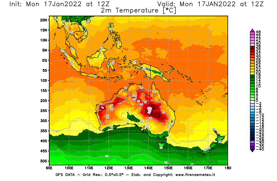 Mappa di analisi GFS - Temperatura a 2 metri dal suolo [°C] in Oceania
							del 17/01/2022 12 <!--googleoff: index-->UTC<!--googleon: index-->