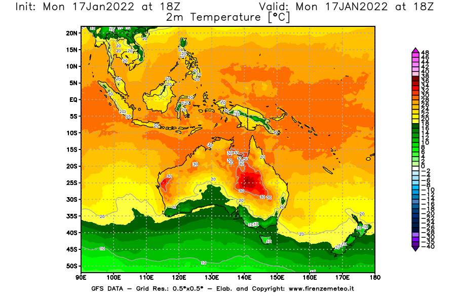 Mappa di analisi GFS - Temperatura a 2 metri dal suolo [°C] in Oceania
							del 17/01/2022 18 <!--googleoff: index-->UTC<!--googleon: index-->