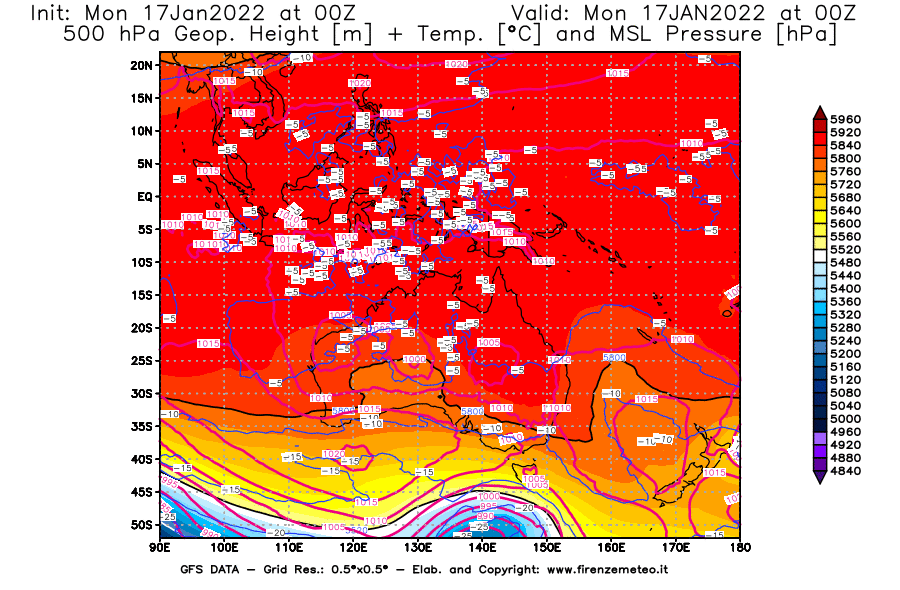 Mappa di analisi GFS - Geopotenziale [m] + Temp. [°C] a 500 hPa + Press. a livello del mare [hPa] in Oceania
							del 17/01/2022 00 <!--googleoff: index-->UTC<!--googleon: index-->