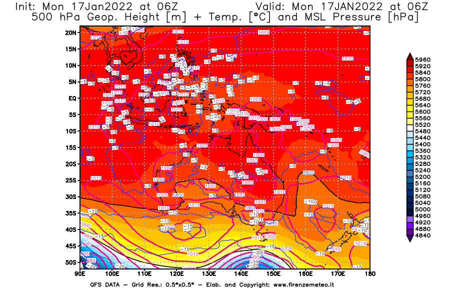 Mappa di analisi GFS - Geopotenziale [m] + Temp. [°C] a 500 hPa + Press. a livello del mare [hPa] in Oceania
							del 17/01/2022 06 <!--googleoff: index-->UTC<!--googleon: index-->