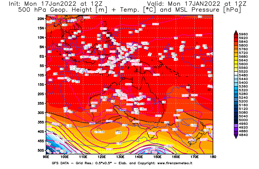 Mappa di analisi GFS - Geopotenziale [m] + Temp. [°C] a 500 hPa + Press. a livello del mare [hPa] in Oceania
							del 17/01/2022 12 <!--googleoff: index-->UTC<!--googleon: index-->