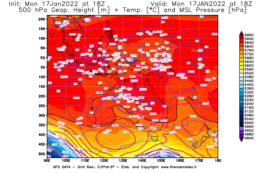 Mappa di analisi GFS - Geopotenziale [m] + Temp. [°C] a 500 hPa + Press. a livello del mare [hPa] in Oceania
							del 17/01/2022 18 <!--googleoff: index-->UTC<!--googleon: index-->