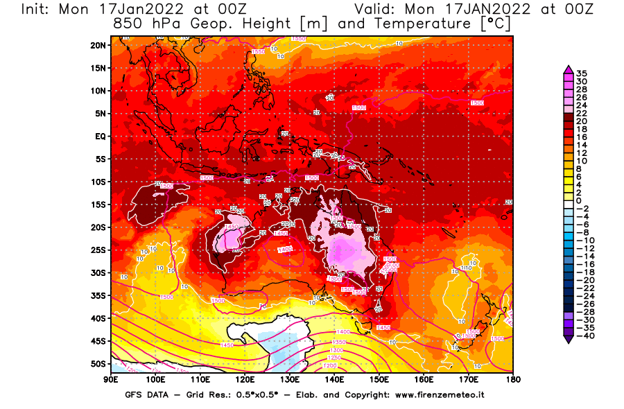 Mappa di analisi GFS - Geopotenziale [m] e Temperatura [°C] a 850 hPa in Oceania
							del 17/01/2022 00 <!--googleoff: index-->UTC<!--googleon: index-->