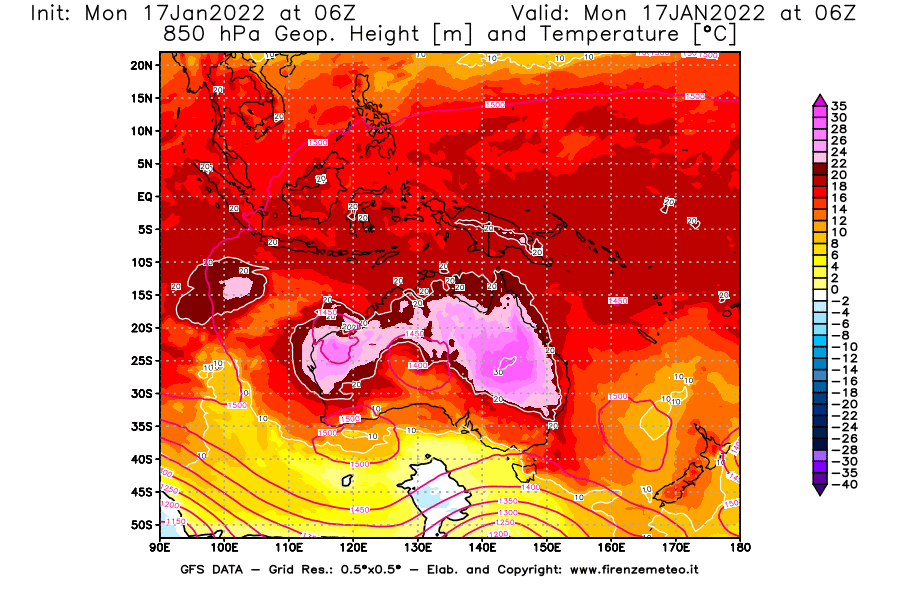Mappa di analisi GFS - Geopotenziale [m] e Temperatura [°C] a 850 hPa in Oceania
							del 17/01/2022 06 <!--googleoff: index-->UTC<!--googleon: index-->