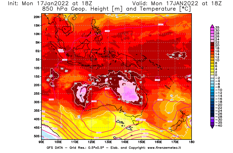 Mappa di analisi GFS - Geopotenziale [m] e Temperatura [°C] a 850 hPa in Oceania
							del 17/01/2022 18 <!--googleoff: index-->UTC<!--googleon: index-->