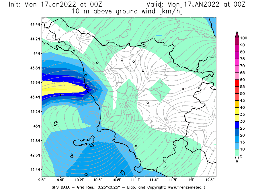 Mappa di analisi GFS - Velocità del vento a 10 metri dal suolo [km/h] in Toscana
							del 17/01/2022 00 <!--googleoff: index-->UTC<!--googleon: index-->
