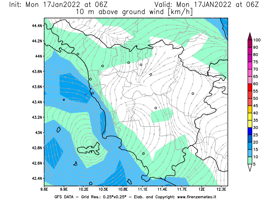 Mappa di analisi GFS - Velocità del vento a 10 metri dal suolo [km/h] in Toscana
							del 17/01/2022 06 <!--googleoff: index-->UTC<!--googleon: index-->