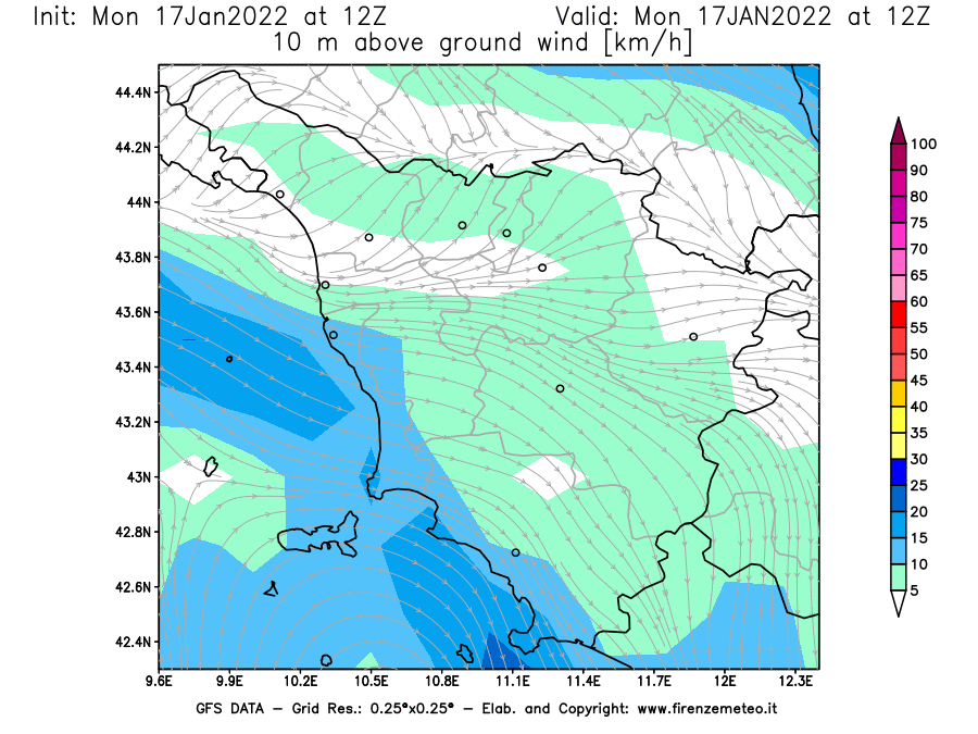 Mappa di analisi GFS - Velocità del vento a 10 metri dal suolo [km/h] in Toscana
							del 17/01/2022 12 <!--googleoff: index-->UTC<!--googleon: index-->