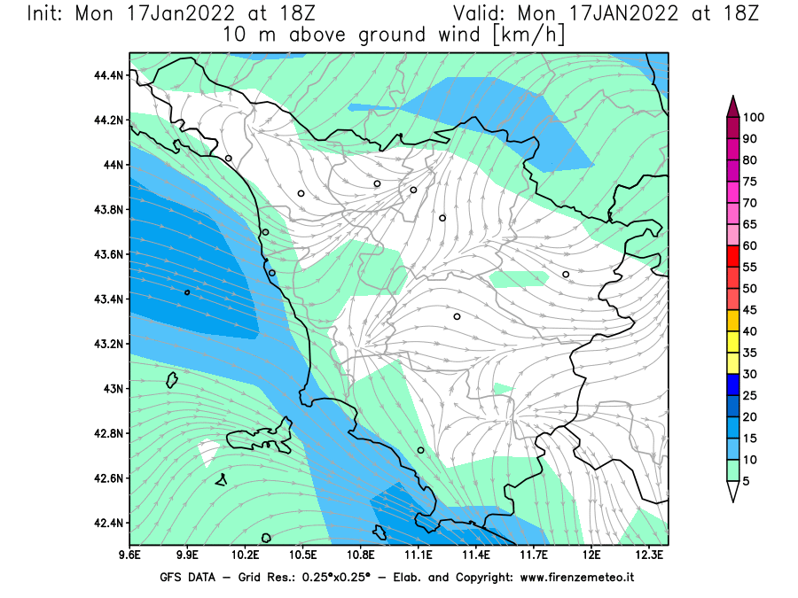 Mappa di analisi GFS - Velocità del vento a 10 metri dal suolo [km/h] in Toscana
							del 17/01/2022 18 <!--googleoff: index-->UTC<!--googleon: index-->