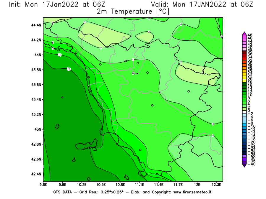 Mappa di analisi GFS - Temperatura a 2 metri dal suolo [°C] in Toscana
							del 17/01/2022 06 <!--googleoff: index-->UTC<!--googleon: index-->