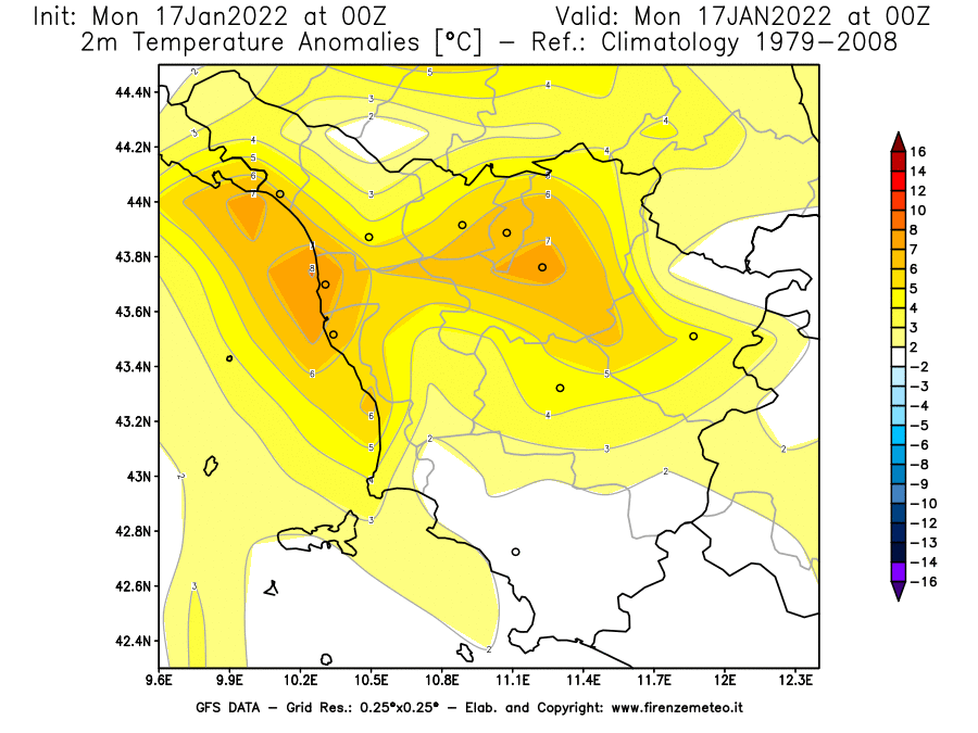 Mappa di analisi GFS - Anomalia Temperatura [°C] a 2 m in Toscana
							del 17/01/2022 00 <!--googleoff: index-->UTC<!--googleon: index-->