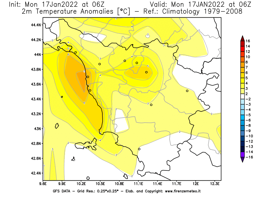 Mappa di analisi GFS - Anomalia Temperatura [°C] a 2 m in Toscana
							del 17/01/2022 06 <!--googleoff: index-->UTC<!--googleon: index-->