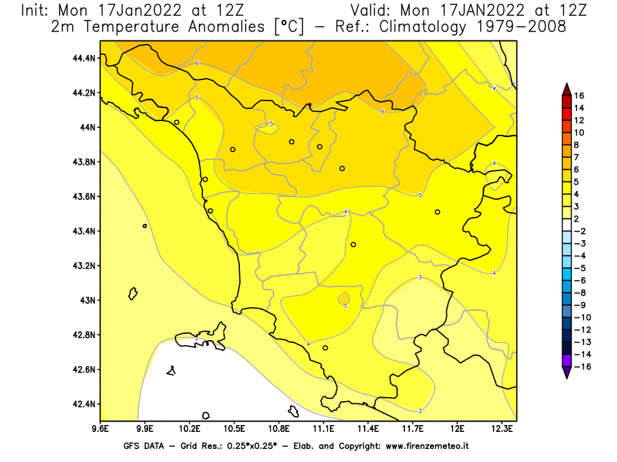 Mappa di analisi GFS - Anomalia Temperatura [°C] a 2 m in Toscana
							del 17/01/2022 12 <!--googleoff: index-->UTC<!--googleon: index-->