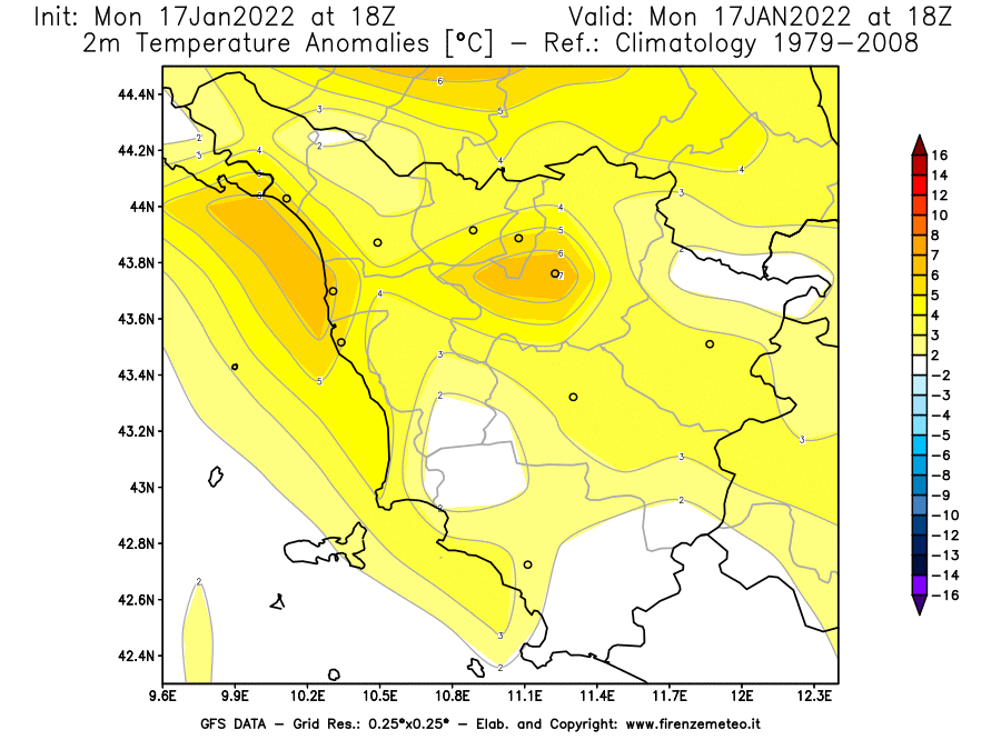 Mappa di analisi GFS - Anomalia Temperatura [°C] a 2 m in Toscana
							del 17/01/2022 18 <!--googleoff: index-->UTC<!--googleon: index-->
