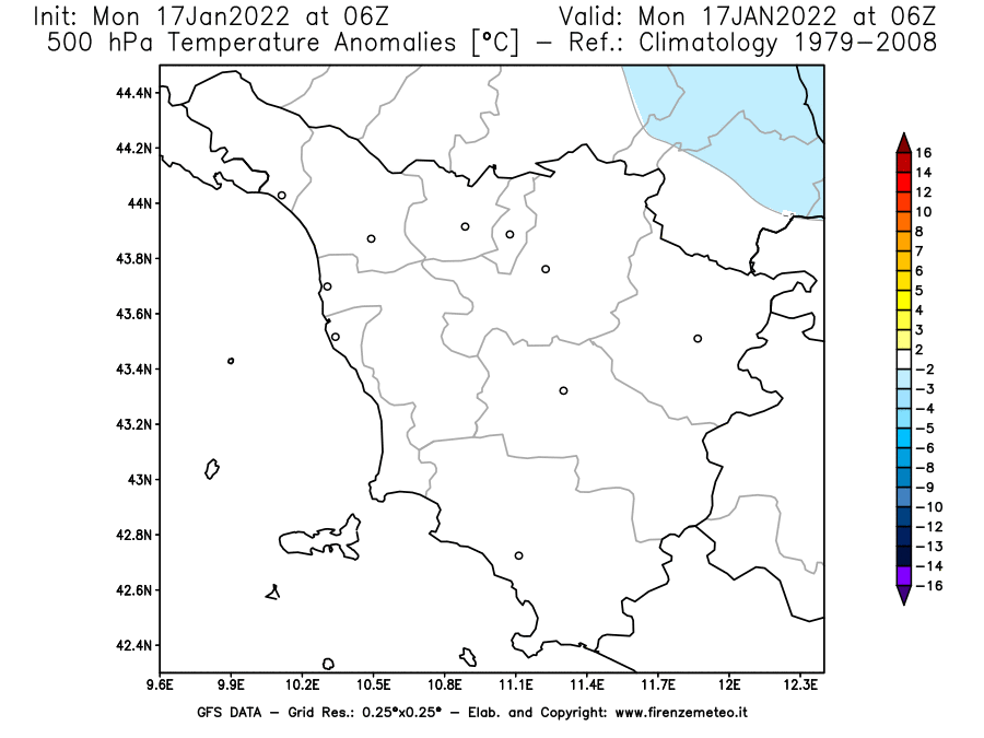 Mappa di analisi GFS - Anomalia Temperatura [°C] a 500 hPa in Toscana
							del 17/01/2022 06 <!--googleoff: index-->UTC<!--googleon: index-->
