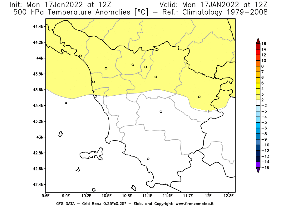 Mappa di analisi GFS - Anomalia Temperatura [°C] a 500 hPa in Toscana
							del 17/01/2022 12 <!--googleoff: index-->UTC<!--googleon: index-->
