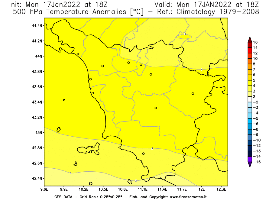Mappa di analisi GFS - Anomalia Temperatura [°C] a 500 hPa in Toscana
							del 17/01/2022 18 <!--googleoff: index-->UTC<!--googleon: index-->