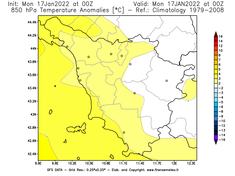 Mappa di analisi GFS - Anomalia Temperatura [°C] a 850 hPa in Toscana
							del 17/01/2022 00 <!--googleoff: index-->UTC<!--googleon: index-->
