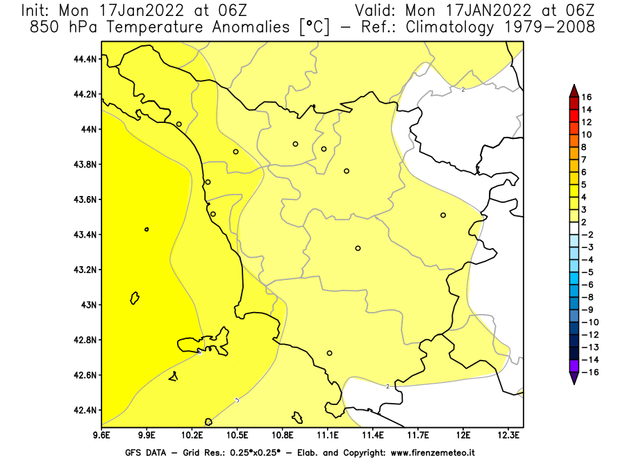 Mappa di analisi GFS - Anomalia Temperatura [°C] a 850 hPa in Toscana
							del 17/01/2022 06 <!--googleoff: index-->UTC<!--googleon: index-->