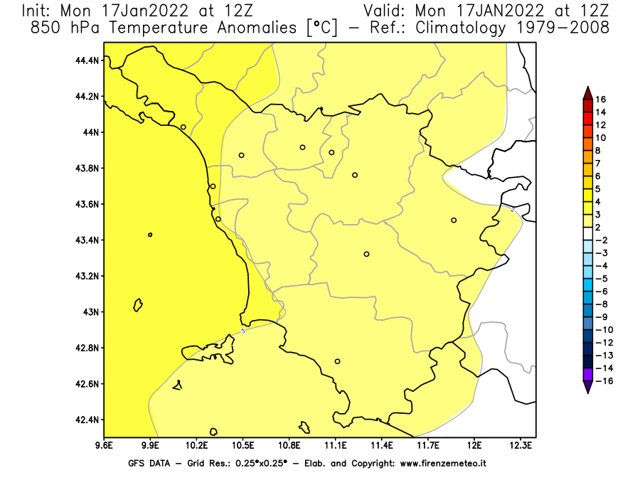 Mappa di analisi GFS - Anomalia Temperatura [°C] a 850 hPa in Toscana
							del 17/01/2022 12 <!--googleoff: index-->UTC<!--googleon: index-->