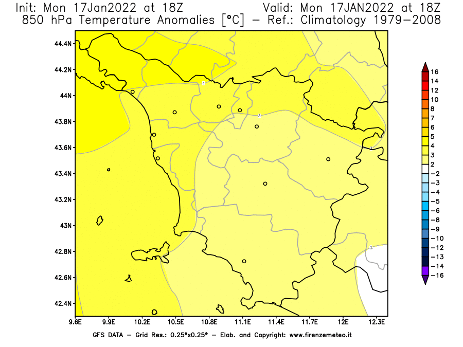 Mappa di analisi GFS - Anomalia Temperatura [°C] a 850 hPa in Toscana
							del 17/01/2022 18 <!--googleoff: index-->UTC<!--googleon: index-->