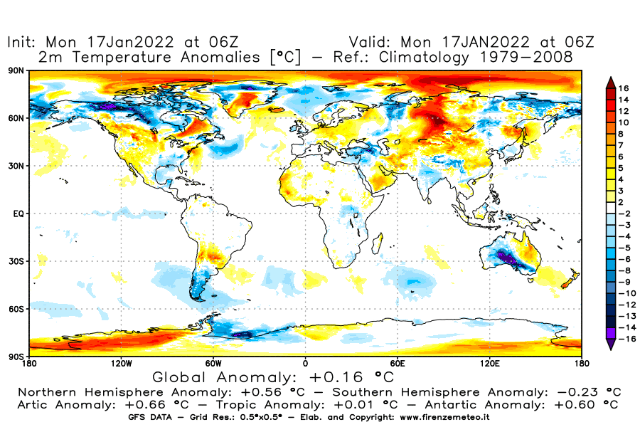 Mappa di analisi GFS - Anomalia Temperatura [°C] a 2 m in World
							del 17/01/2022 06 <!--googleoff: index-->UTC<!--googleon: index-->
