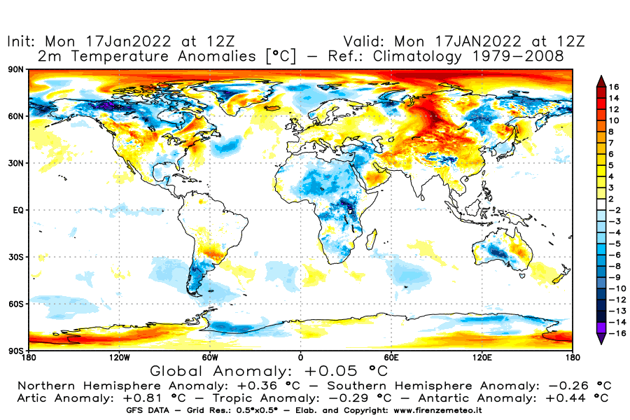 Mappa di analisi GFS - Anomalia Temperatura [°C] a 2 m in World
							del 17/01/2022 12 <!--googleoff: index-->UTC<!--googleon: index-->