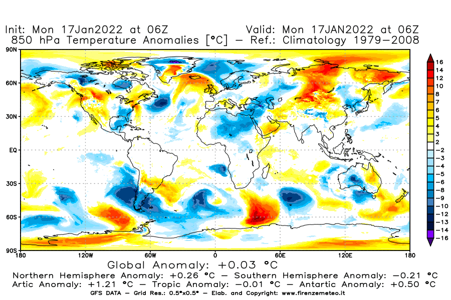 Mappa di analisi GFS - Anomalia Temperatura [°C] a 850 hPa in World
							del 17/01/2022 06 <!--googleoff: index-->UTC<!--googleon: index-->