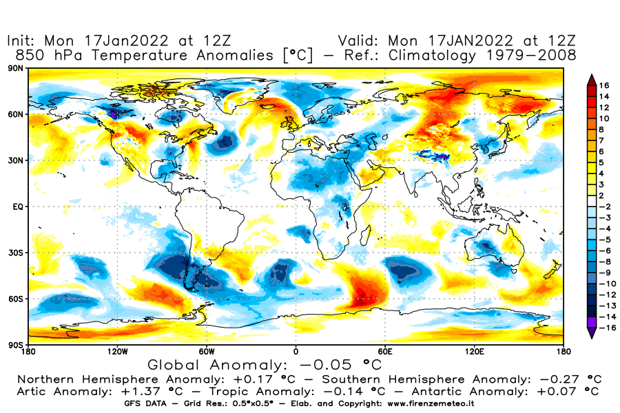Mappa di analisi GFS - Anomalia Temperatura [°C] a 850 hPa in World
							del 17/01/2022 12 <!--googleoff: index-->UTC<!--googleon: index-->