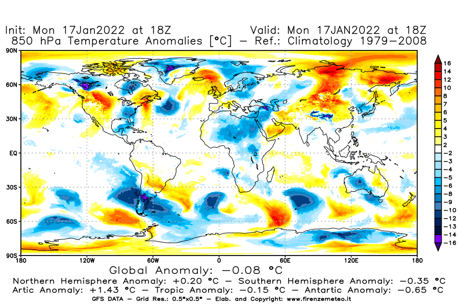 Mappa di analisi GFS - Anomalia Temperatura [°C] a 850 hPa in World
							del 17/01/2022 18 <!--googleoff: index-->UTC<!--googleon: index-->