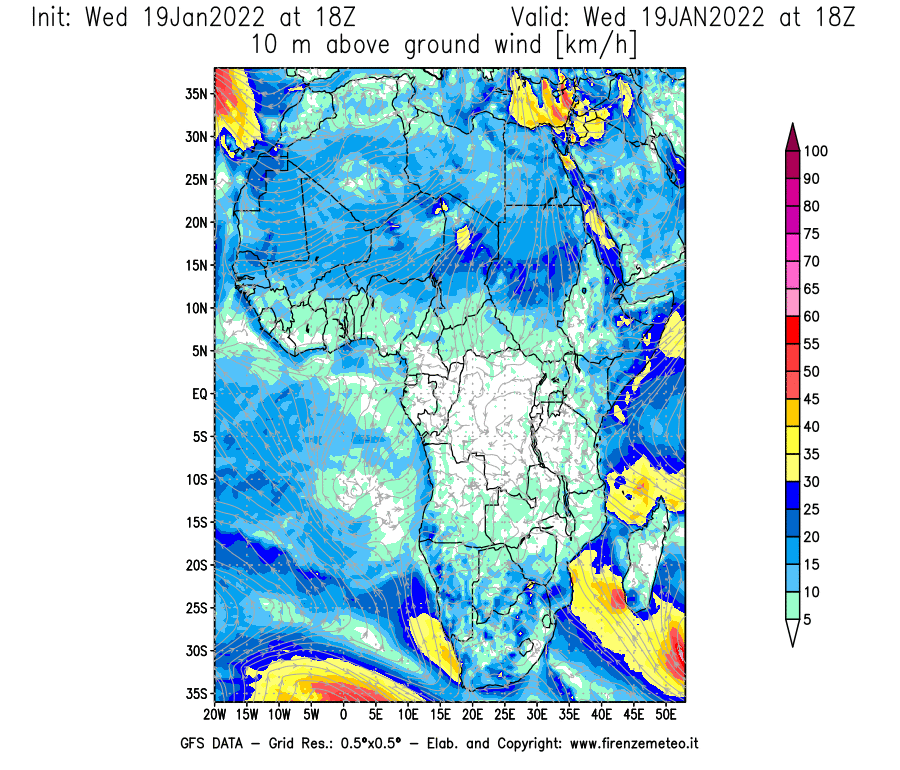 Mappa di analisi GFS - Velocità del vento a 10 metri dal suolo [km/h] in Africa
							del 19/01/2022 18 <!--googleoff: index-->UTC<!--googleon: index-->