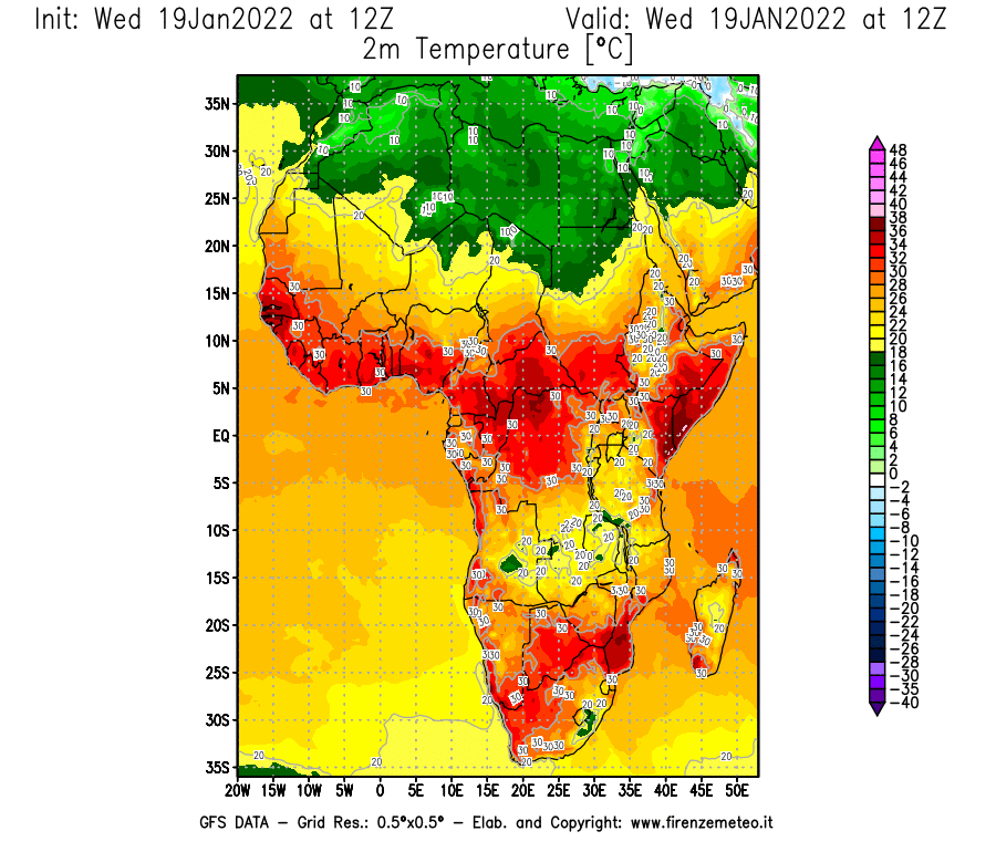 Mappa di analisi GFS - Temperatura a 2 metri dal suolo [°C] in Africa
							del 19/01/2022 12 <!--googleoff: index-->UTC<!--googleon: index-->