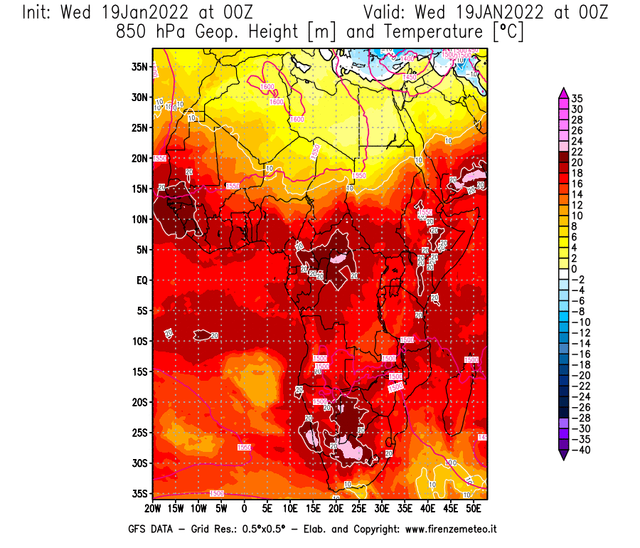 Mappa di analisi GFS - Geopotenziale [m] e Temperatura [°C] a 850 hPa in Africa
							del 19/01/2022 00 <!--googleoff: index-->UTC<!--googleon: index-->