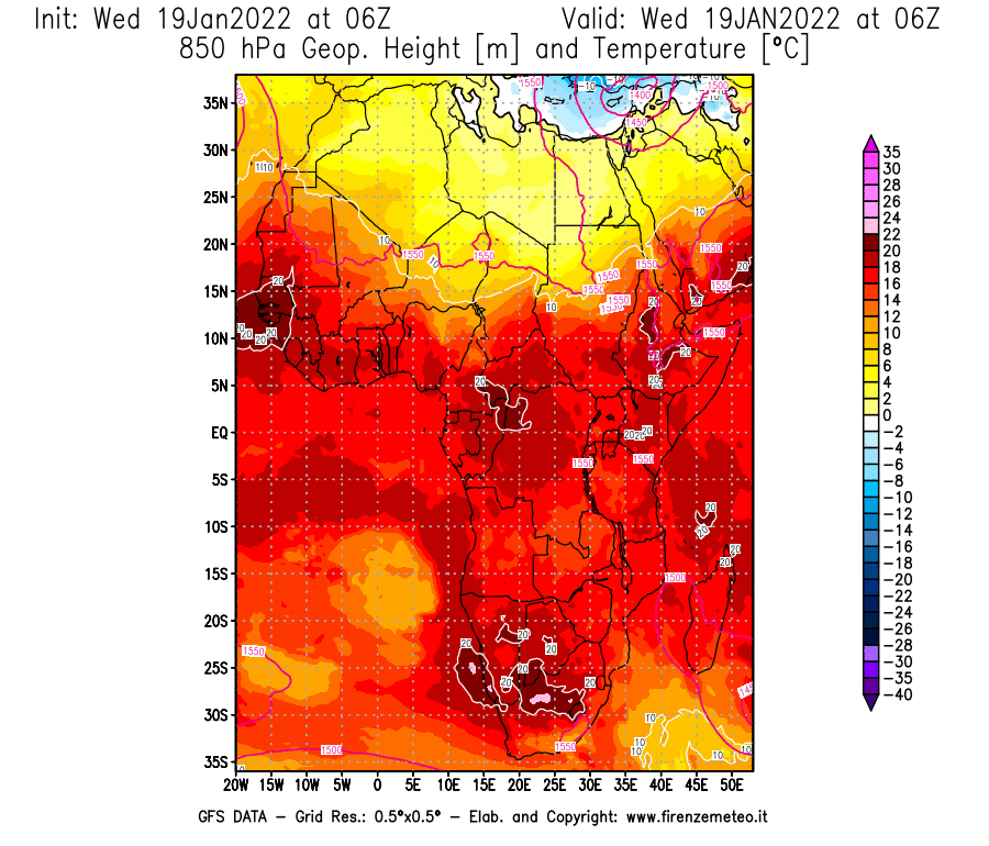 Mappa di analisi GFS - Geopotenziale [m] e Temperatura [°C] a 850 hPa in Africa
							del 19/01/2022 06 <!--googleoff: index-->UTC<!--googleon: index-->