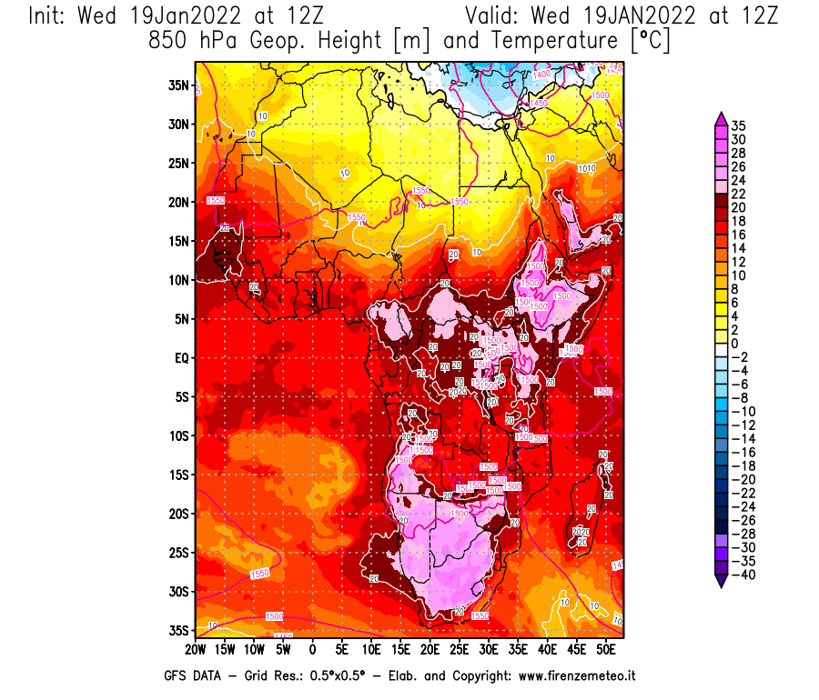 Mappa di analisi GFS - Geopotenziale [m] e Temperatura [°C] a 850 hPa in Africa
							del 19/01/2022 12 <!--googleoff: index-->UTC<!--googleon: index-->