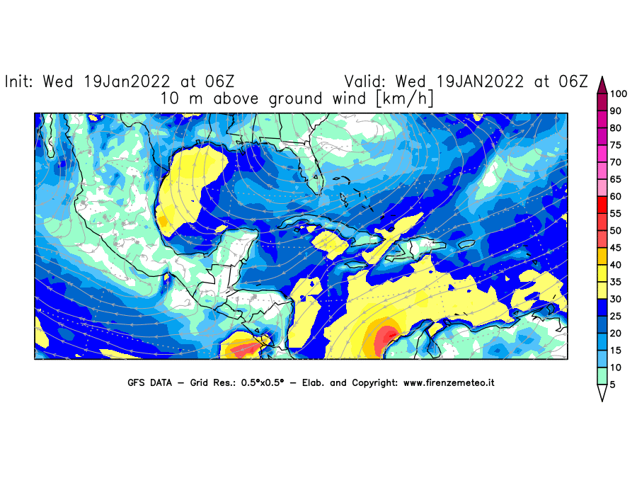Mappa di analisi GFS - Velocità del vento a 10 metri dal suolo [km/h] in Centro-America
							del 19/01/2022 06 <!--googleoff: index-->UTC<!--googleon: index-->