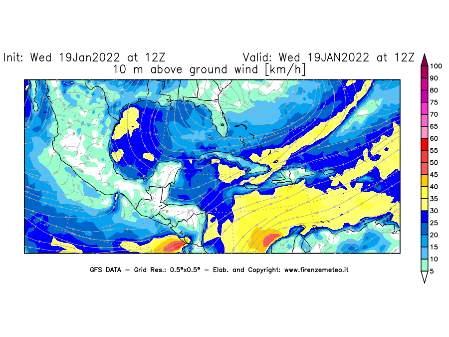 Mappa di analisi GFS - Velocità del vento a 10 metri dal suolo [km/h] in Centro-America
							del 19/01/2022 12 <!--googleoff: index-->UTC<!--googleon: index-->