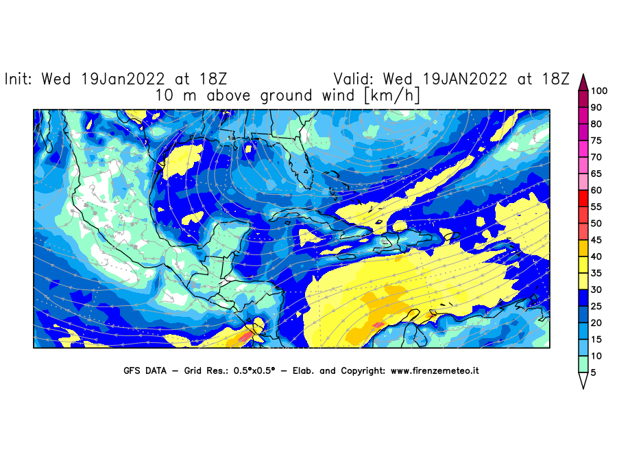 Mappa di analisi GFS - Velocità del vento a 10 metri dal suolo [km/h] in Centro-America
							del 19/01/2022 18 <!--googleoff: index-->UTC<!--googleon: index-->